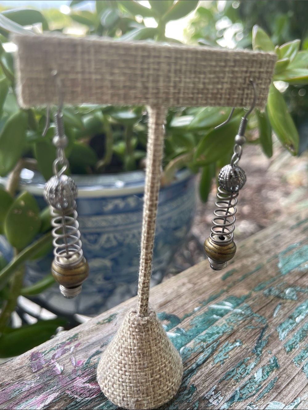 Handmade Spiral Drop Earrings with Brown Beads